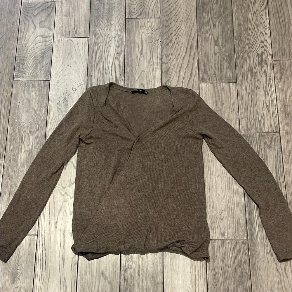 Bershka Brown Long-Sleeve V-Neck Knit Top